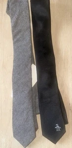 2 New Men's Penguin Slim Ties 1 Gray 100% Cotton 1 Black 100 % Silk - Picture 1 of 5