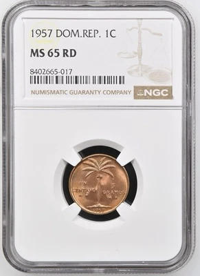 1957 NGC MS65 RD Dominican Republic 1 Centavo Palm Tree  Coin - Image 1 of 2