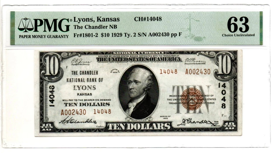 Fr. 1801-2 Lyons, Kansas 1929 Type 2 Charter #14048 PMG Choice Unc 63 - Image 1 of 2
