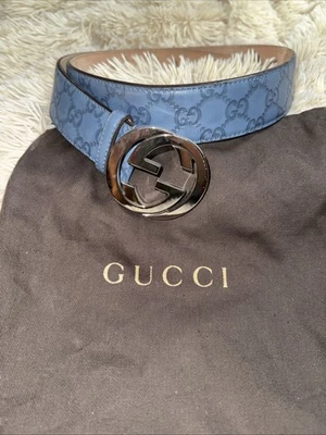 Подлинный мужской синий ремень с пряжкой Gucci GG Supreme Marmont тисненая кожа новый - Изображение 1 из 4