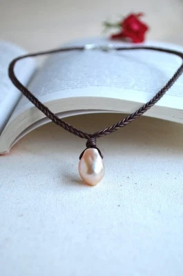 Pink Edison Baroque Pearl on Braided Leather Necklace Handmade Gift for Her - Image 1 of 4