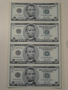 CU Crisp 4 Note SHEET $5 FIVE Dollar "Big Head" 2006 FRN Notes HF/A Block.  #26 - Picture 1 of 6