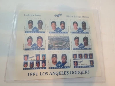 1991 LOS ANGELES DODGERS MAJOR LEAGUE BASEBALL COMMEMORATIVE STAMP SHEET w/ COA - Image 1 of 2