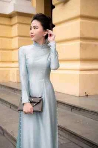 Blue Ao Dai Vietnamese Lua Van Go, Silk Long Dress, with White Pants G85 - Picture 1 of 13