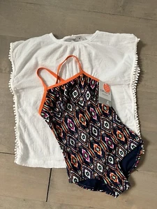 nwt Carters girls 4 swimsuit & cover up set - navy orange ikat UPF 50+ - Picture 1 of 3