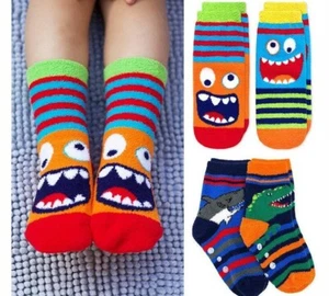 Jefferies Socks Boys Gripper Dinosaur Shark Monster Pattern Slipper Socks 2 Pair - Picture 1 of 11