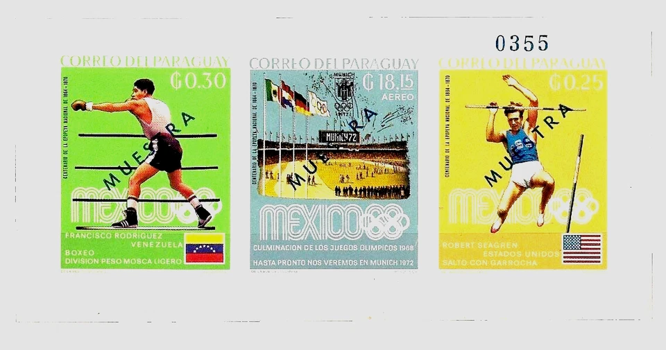 #4933 PARAGUAY 1969 OLYMPIC WINNERS MEXICO 68 SPECIMEN MUESTRA  Mi BL 119 MNH - Image 1 of 1