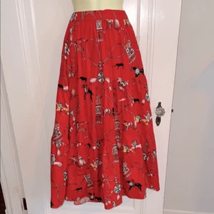 Vintage 80s/90s Broom Stick Brand Native American Print Red 3 Tier Maxi Skirt - Picture 1 of 7