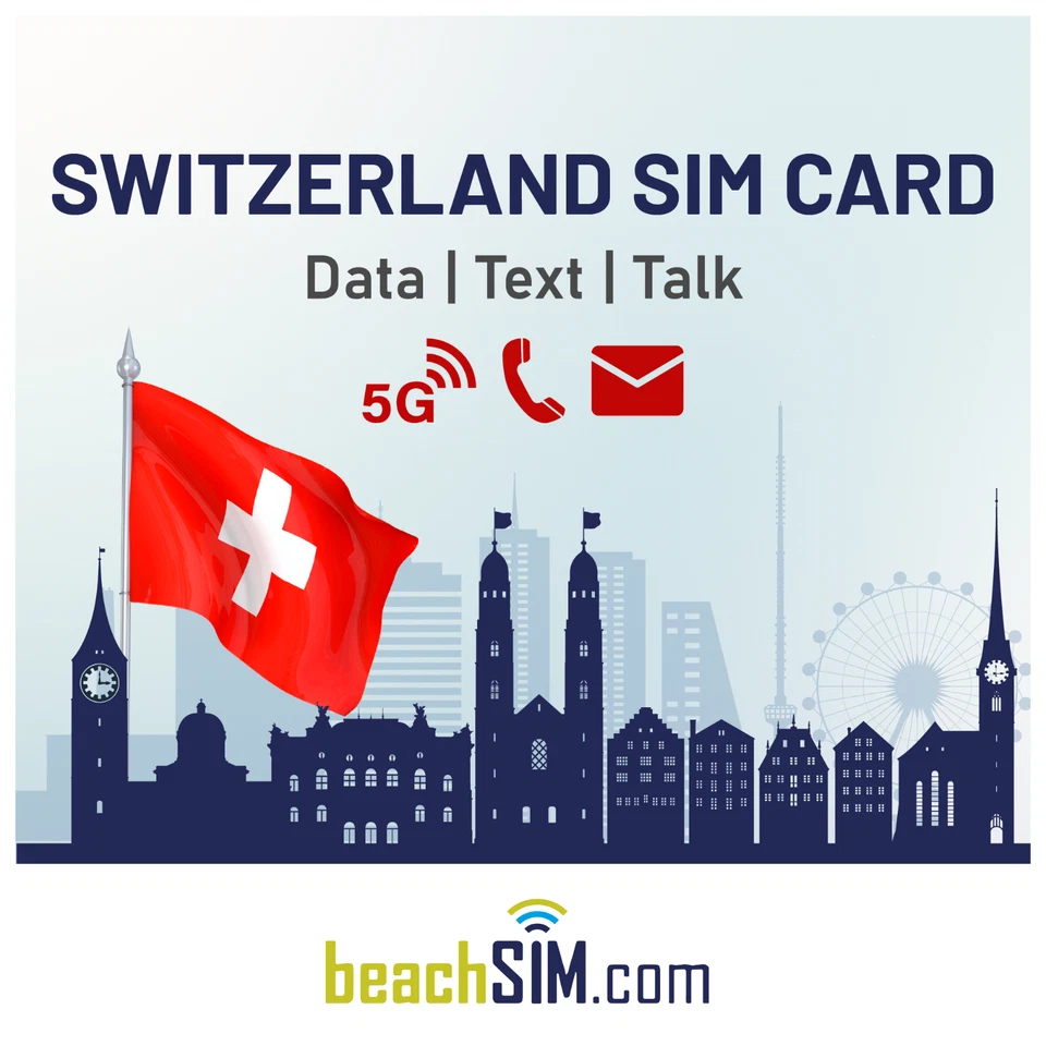 BEACHSIM Suiza Tarjeta SIM Prepago para 1 Mes 6GB - 30GB