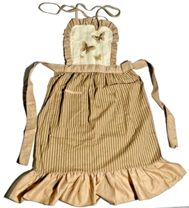 Delantal completo vintage hecho a mano, 36" de largo, rayas tostadas/marrones con mariposas, usado (R - Imagen 1 de 5