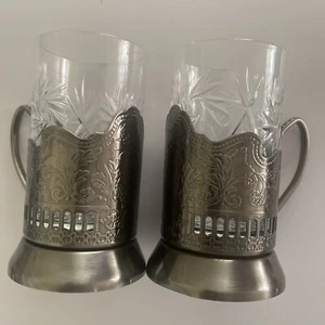 Neman Crystal Clear Glass Mug Cup W Metal Holder Podstakannik Insert 8.2oz VTG - Picture 1 of 10