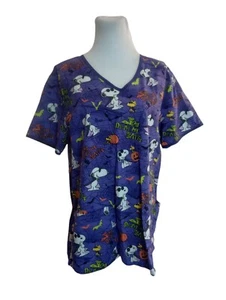 Scrub Top Halloween Cartoon Peanuts Charlie Brown Snoopy Woodstock Cool Joe Sz L - Picture 1 of 10