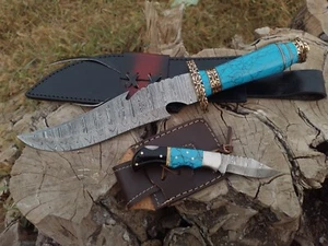 14" Handmade Damascus Steel Fancy Bowie Knife Turquoise Stone Handle W Sheath - Picture 1 of 1
