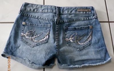 Y2K EXPRESS DENIM FESTIVAL SHORT SHORTS Sequin Pockets Frayed hem Boho Sz 2 H11 - Image 1 of 4