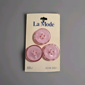 Vintage La Mode 4-Hole Buttons Pink Sew-through NOS Card 22.2mm 3 PCS 4104 (802) - Picture 1 of 2
