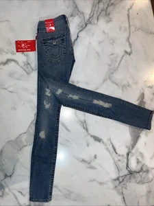 Pantalones de mezclilla ajustados True Religion Stella tiro bajo Burnout con Destroy 27 nuevos con etiquetas - Imagen 1 de 4
