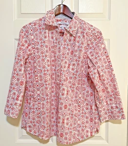 Foxcroft Button Up Shirt Size Large White Pink Blue Easy Care 3/4 Sleeve READ - Picture 1 of 15