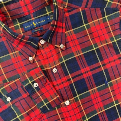 Ralph Lauren Shirt Mens Medium Plaid Red Navy Slim Button Down Long Sleeve Pony - Image 1 of 4