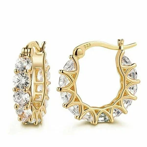 14K Yellow Gold over Huggie Hoop Earrings 2Ct Round Lab-Created Diamond - Picture 1 of 1