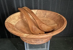 Crofton Acacia Wood Footed Bowl 13”x 4” Tall & 2 VTG Walnut Serving Utensils. - Picture 1 of 9