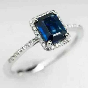 14K White Gold Plated 2Ct Lab Created Blue Sapphire Diamond Halo Wedding Ring - Picture 1 of 3