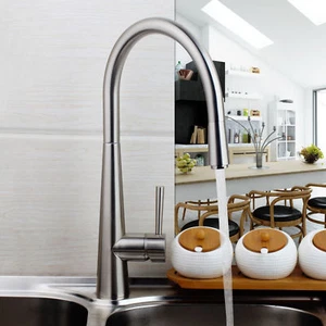 Brushed Nickel Deck Mount Kitchen Pull Out Faucet Solid Brass Swivel Mixer Tap - Picture 1 of 11