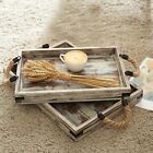 Rustic Torched Wood Rectangular Breakfast Serving Tray W/ Rope Handles, Set Of 2