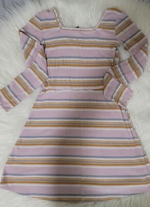 Girl’s Art Class Medium (7-8) Long Sleeved Dress Striped Pink White And Gold  - Picture 1 of 6
