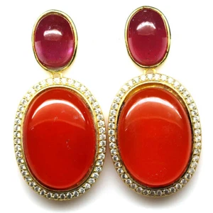 925 Sterling Silver 18 x 24 mm. Orange Agate, Ruby & Zircon Earrings - Picture 1 of 4