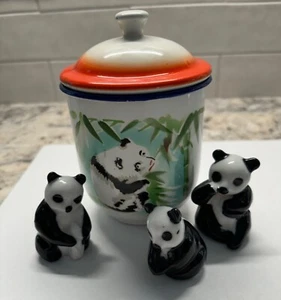 Vintage Asian Metal Enamel Panda Tea Cup Mug with Lid and 3 porcelain Pandas - Picture 1 of 12