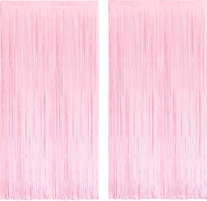 Pastel Pink Foil Fringe Curtains Tinsel Backdrop - 2 Pack Photo Booths Party Str - Picture 1 of 12