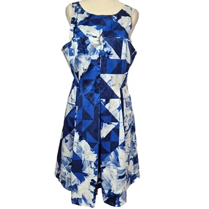 Veronika Maine Dress Womens Size 14 Blue White Stretch Knee Length Flare AU Made - Picture 1 of 9