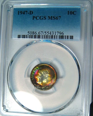 1947-D GEM RAINBOW ROOSEVELT DIME PCGS MS67~VIBRANT DUAL SIDED RAINBOW TONING * - Image 1 of 4