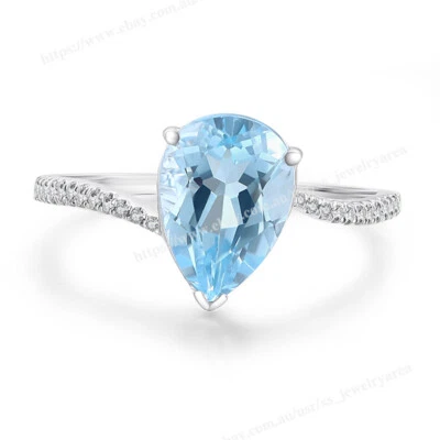 Anillo de plata esterlina 925 diamantes topacio azul cielo 10x7 mm pera pulida caña joyería Foto 1 de 4