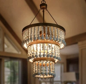 Wood Beaded Chandelier, Antique Gold Boho Chandelier 6-Light Modern Farmhouse - Picture 1 of 8