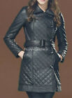 Women's Genuine Sheepskin Leather Long Trench Coat Quilted Black Belted Overcoat