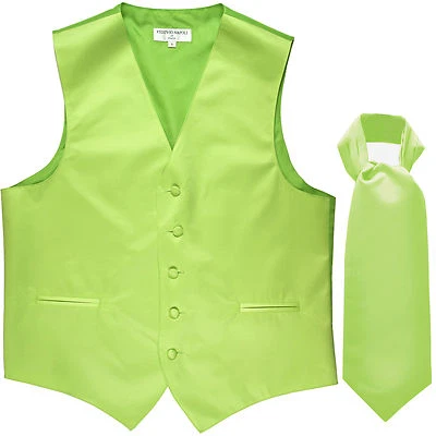 New Men's Formal Tuxedo Vest Waistcoat solid & Ascot cravat Lime Green Prom - Image 1 of 4