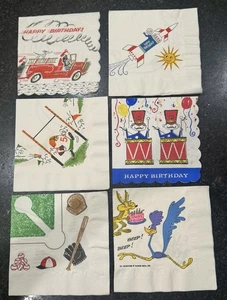 VTG Paper Crepe Happy Birthday Napkins ‘60 Lot Of 6 Boy Fire Truck Band Baseball - Picture 1 of 13