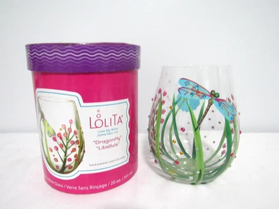 LOLITA LOVE MY WINE VASO SIN TALLO 20 oz PINTADO A MANO HERMOSA LIBÉLULA DE VERANO Foto 1 de 4