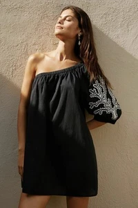 By Anthropologie Mini Dress Womens S Black One Shoulder Embroidered Cotton Boho - Picture 1 of 10