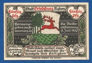 11 031 Notgeld Stadt Ortelsburg (Szczytno) 50 Pfg., 11.7.1921, Ostpreußen - Picture 1 of 2