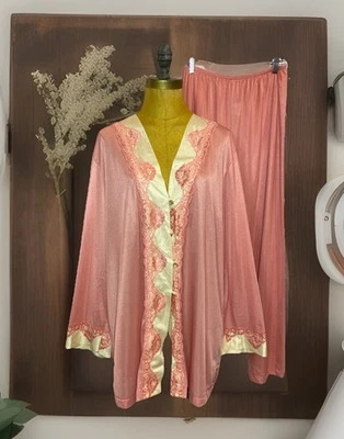 Vtg 2 Piece Nylon Lace PJ Set Undercover Wear  Lingerie Pajamas USA Made 1X - Image 1 of 4