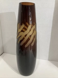 MCM Art Glass Vase Carved Cased Cut Glass Amber 12” Tall Elongated Retro - Picture 1 of 6