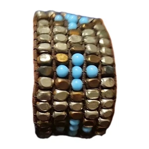 Bracciale Regolabile 1" Largo Acqua + Multicolore Metalli Perline Tessuto Vintage Boho - Foto 1 di 8