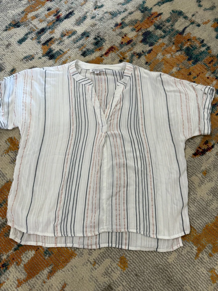 Blusa Manga Corta Ligera Studio West Talla Pequeña Rayas Top Damas Mujeres Foto 1 de 4