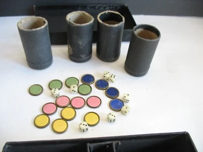 29 Vtg Parcheesi Royal Game of India game pieces brass tokens 8 mini dice shaker - Image 1 of 4