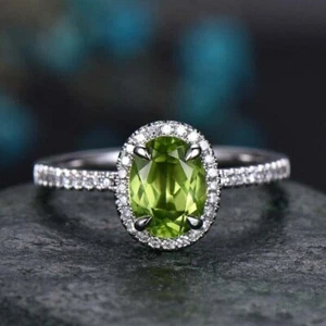 2 Ct Oval Cut Lab -Created Peridot Engagement Women's Ring 14K White Gold Plated - Picture 1 of 4