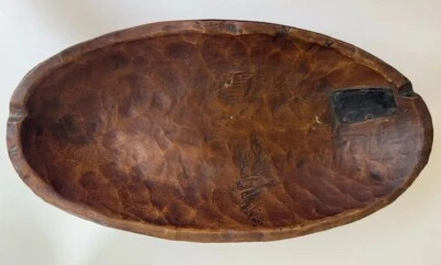 Treenware Metal Patch Primitive Reproduction Wooden Bowl 18.5 Inch Long - Image 1 of 4