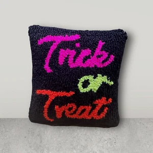 Halloween Trick or Treat 8" x 8" Pillow Neon Pink and Orange Petite Cushion - Picture 1 of 5