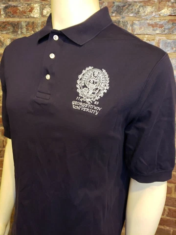 Lands End Georgetown University Logo SS Polo Shirt Navy Blue Solid Mens L Cover